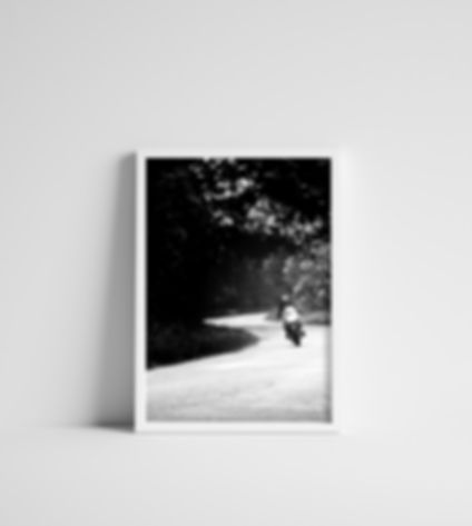 Black & White Motorcycle on a Curve Photography Print Wall Art