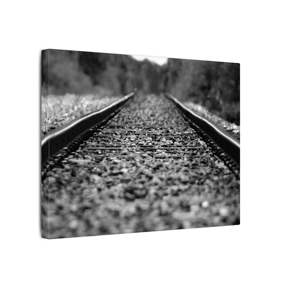 Thumbnail: Black & White Rural Railroad Track Matte Canvas Stretched Framed to Hang