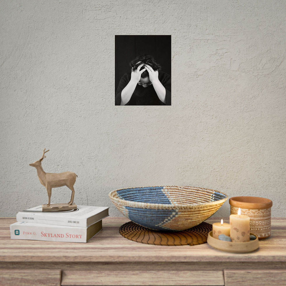 Thumbnail: Black & White Young Man Head in Hands Photography Poster Print