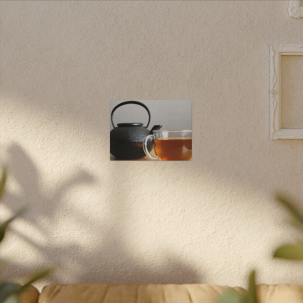 Thumbnail: Cup of Tea with Black Metal Tea Kettle on a Table Color Matte Canvas Stretched