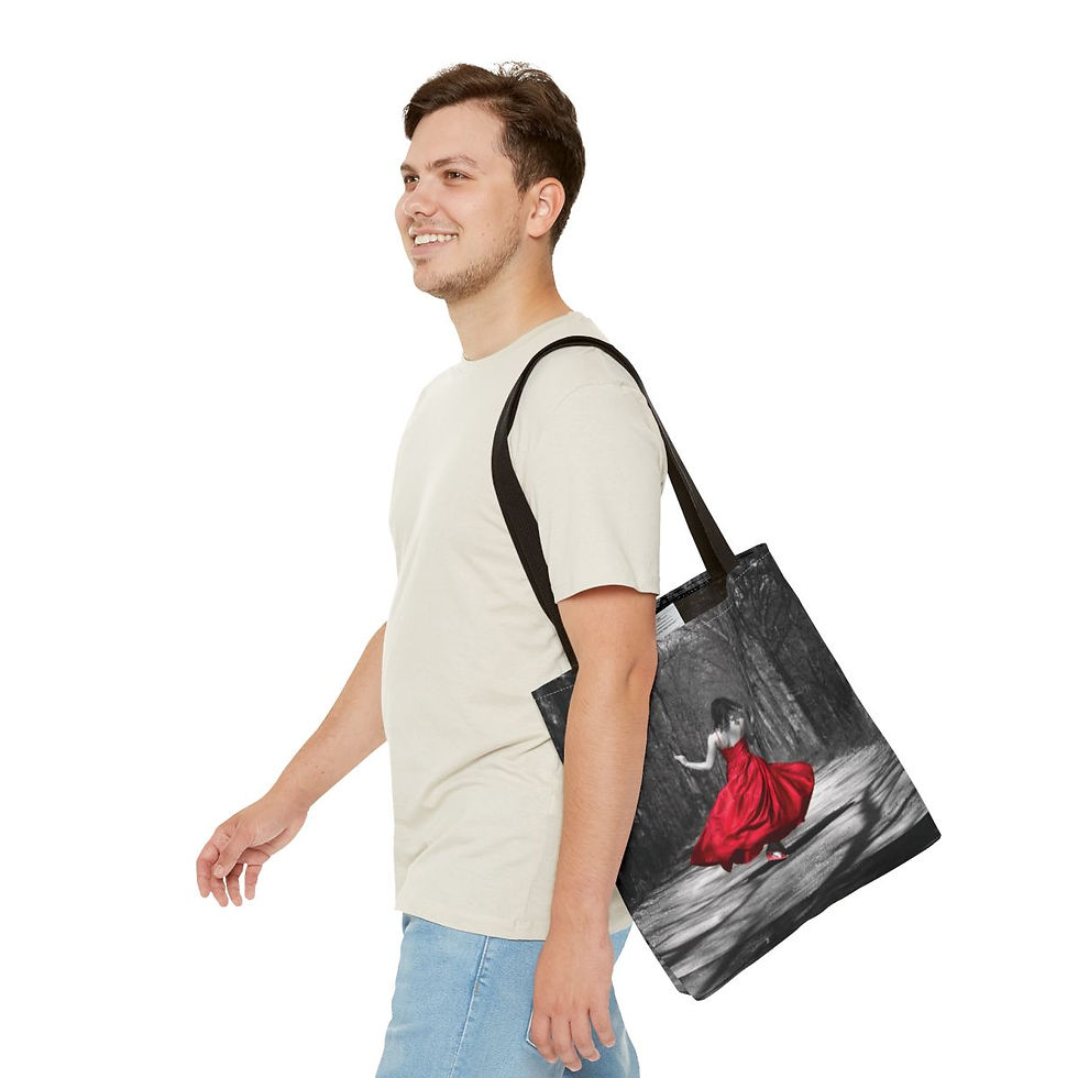 Thumbnail: Twirling in the Woods Lady in Red Original Photography Tote Bag Black Straps