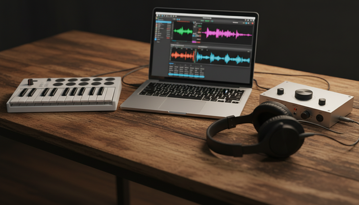 Wide-angle view of a compact music production setup with a laptop, small keyboard controller, headphones, and audio gear on a wooden studio table