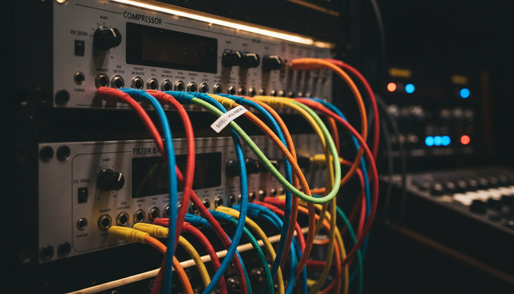 Eye-level view of patch cables connected between audio units in a studio rack