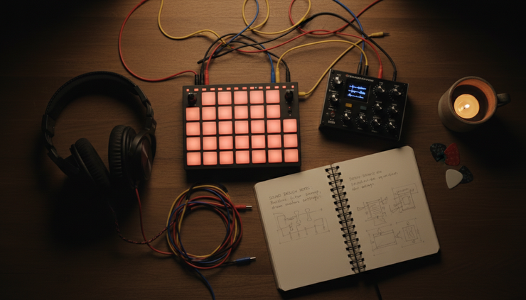 Overhead view of a tabletop electronic music rig with a grid controller, headphones, and a notebook of sound design notes