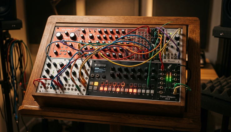Wide-angle view of a modular synthesizer setup with patch cables and glowing control lights.