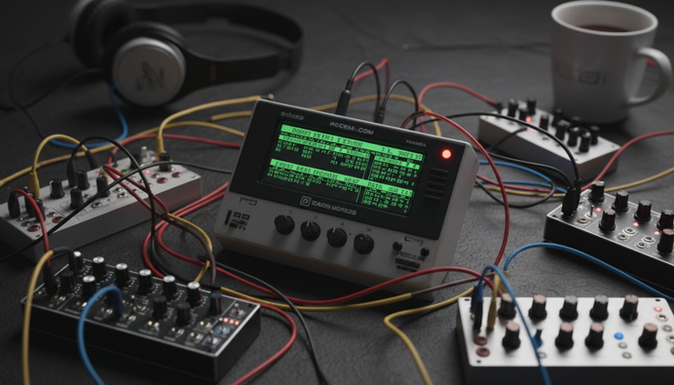 Close-up view of a handheld tracker with a grid-based music sequence on screen