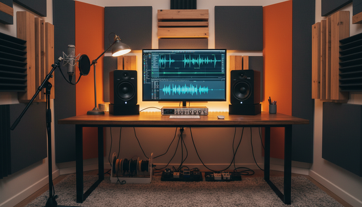 Wide-angle view of a home recording room with audio monitors and a waveform on a large screen