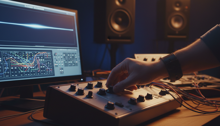 Close-up view of a musician adjusting a synthesizer knob while repaired audio plays on a nearby screen.