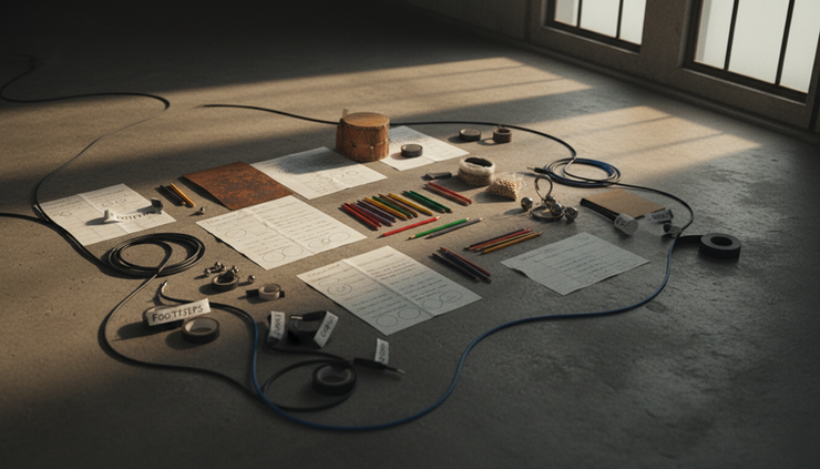 Overhead view of handwritten cue sheets, audio cables, and labeled sound effect props on a studio floor