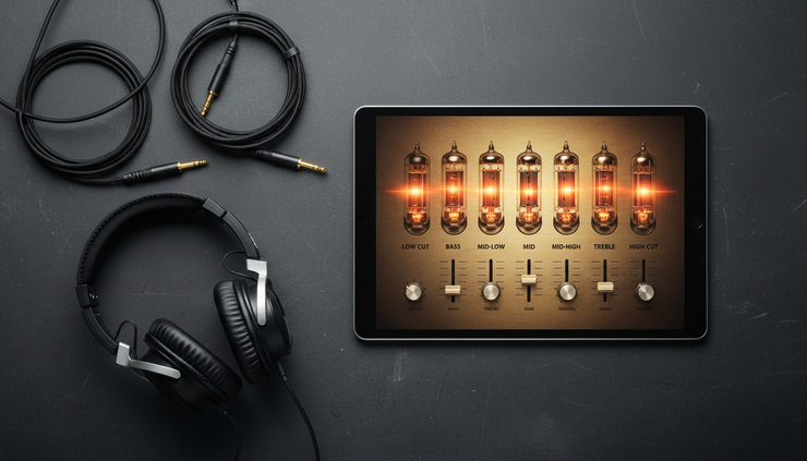 Overhead view of a vintage-style equalizer interface glowing on a tablet beside audio cables