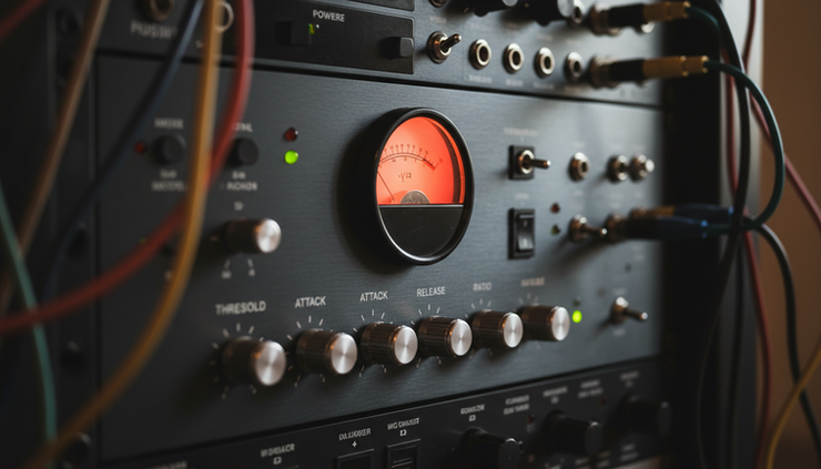 Close-up view of a hardware compressor gain reduction meter in a dim studio rack.