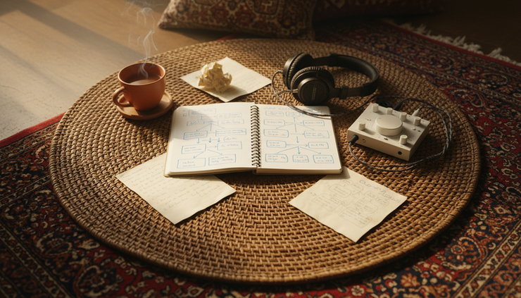 Overhead view of a notebook with song ideas beside headphones and a small audio controller