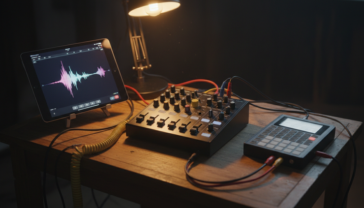 Eye-level view of a compact performance mixer connected to a tablet and small music device