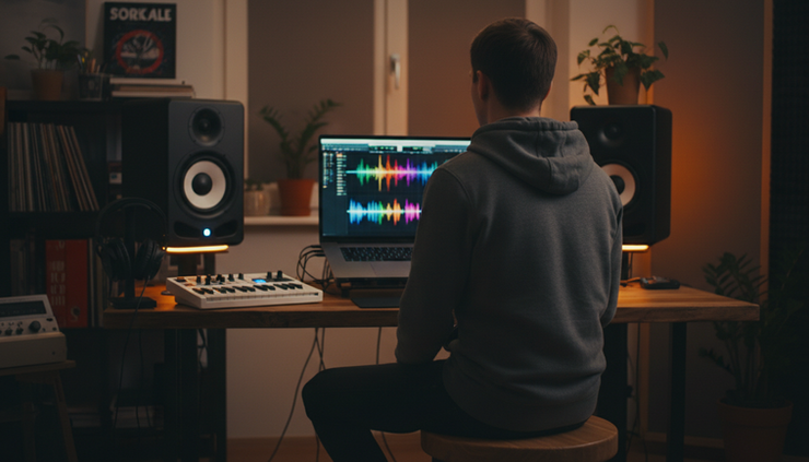 Eye-level view of a producer listening in a dim home studio with colorful light from a screen.