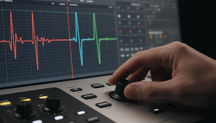 Close-up view of an audio waveform display showing flattened peaks being reconstructed into smooth curves.