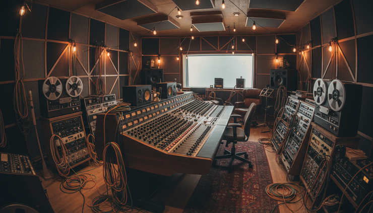 Wide-angle view of a warm recording room with a large mixing board and tape reels.