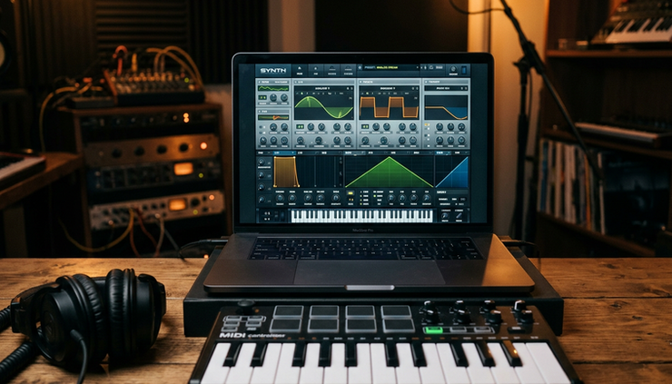 Eye-level view of a music workstation screen showing a software synthesizer beside a small keyboard controller.