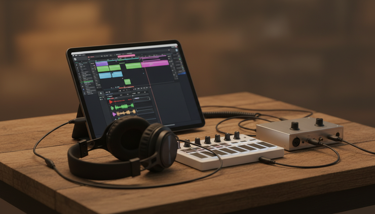 Eye-level view of an iPad connected to a small audio interface and compact keyboard on a studio table