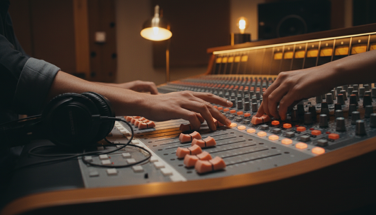 Eye-level view of a sound mixer adjusting sliders on an audio console.