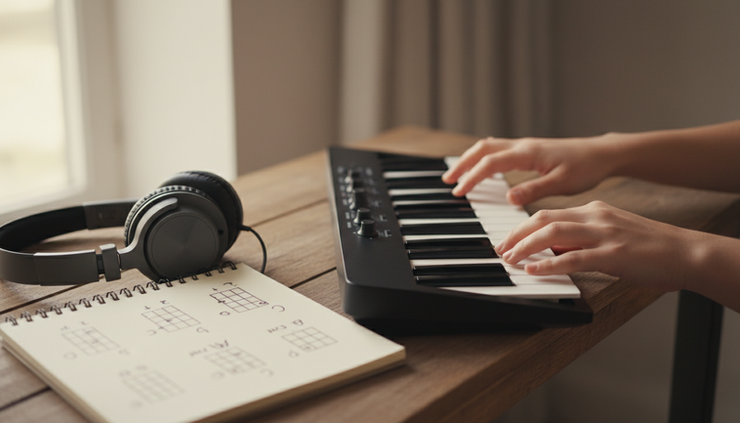 Close-up view of hands playing a small keyboard beside a notebook of simple chord notes.