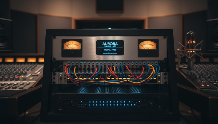Wide-angle view of a studio rack with an audio processor and patch cables