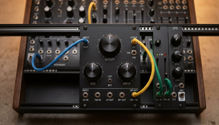 Top-down view of an analog filter module with three labeled control areas and patch cables.