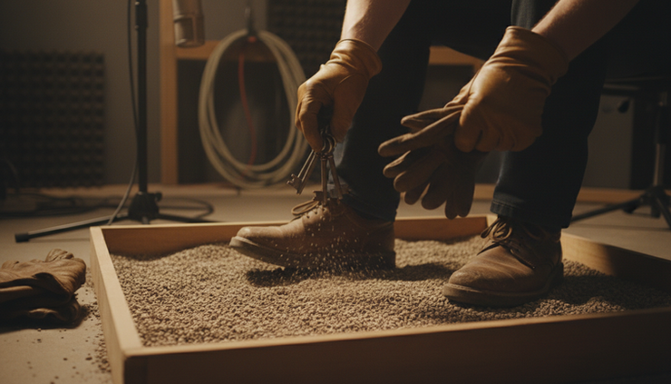Close-up of a foley artist creating footsteps on a gravel surface.