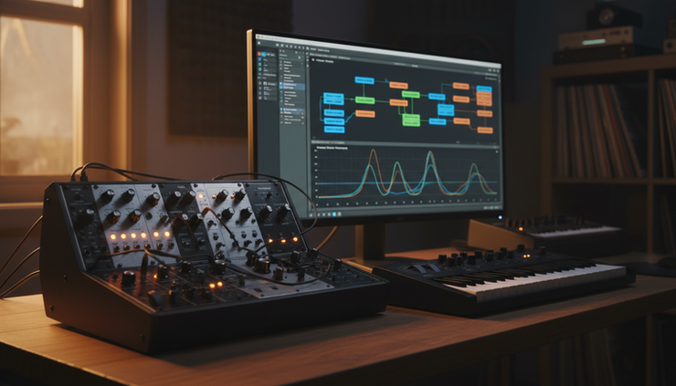Eye-level view of a hardware rack synthesizer and compact MIDI keyboard in a dark music studio.