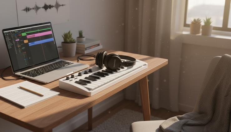 Eye-level view of a beginner music setup with a keyboard and headphones in a bedroom corner.