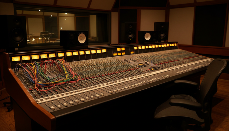 Wide-angle view of a recording studio mixing console with compressor meters glowing.