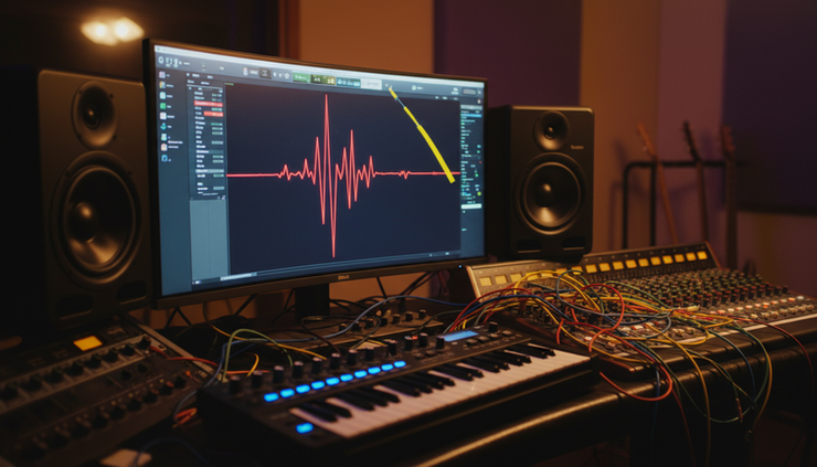 Wide-angle view of a dim recording studio with audio waveforms glowing on a large monitor.
