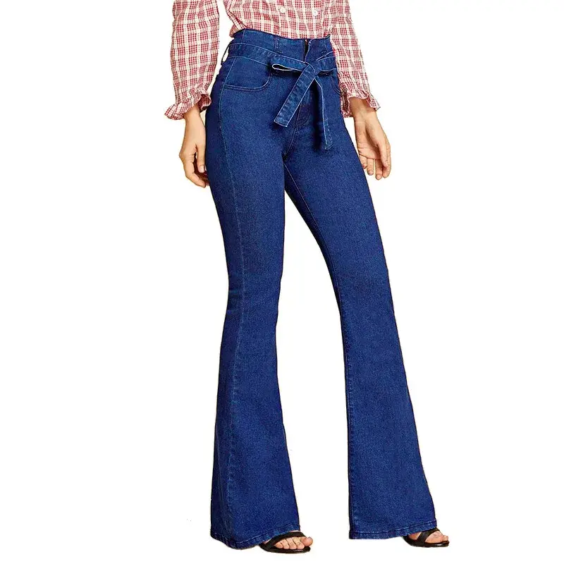 Thumbnail: Tie Waist Flare Jeans Slim Denim