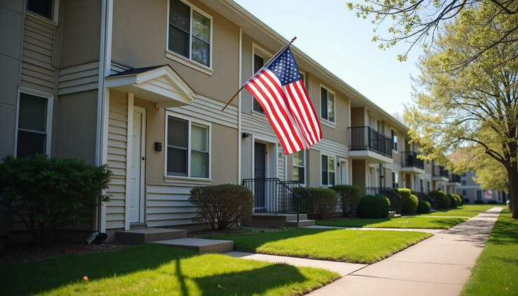 Eye-level view of a small, modest apartment building with an American flag outside