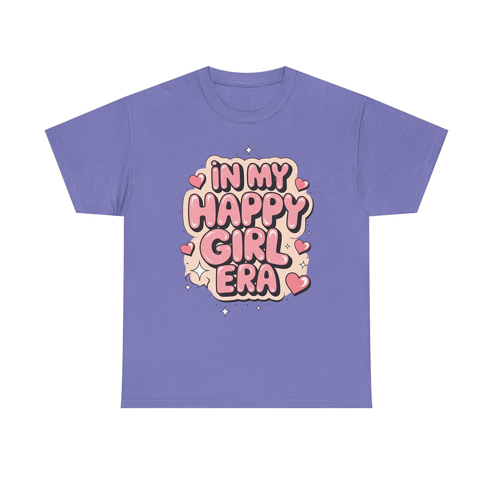 Thumbnail: Soft, roomy cotton tee with a playful bubble-letter graphic reading “In My Happy Girl Era.”