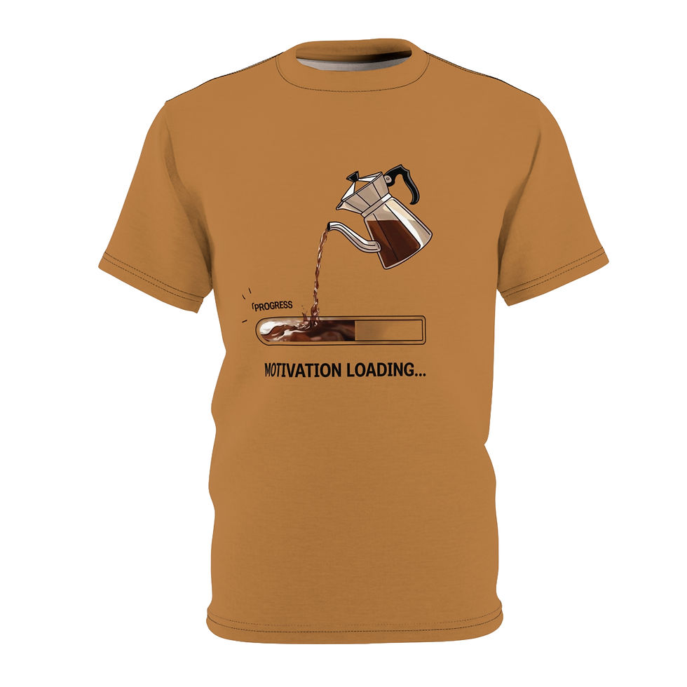 Thumbnail: Lightweight polyester tee with “Motivation Loading” coffee moka pot graphic and casual humor design.