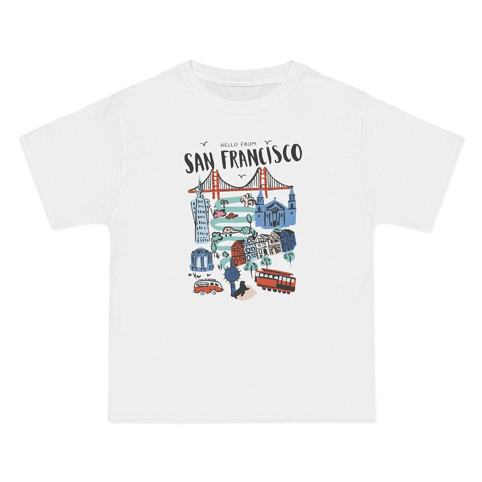 Relaxed-fit cotton tee with hand-drawn San Francisco scene in warm vintage tones.