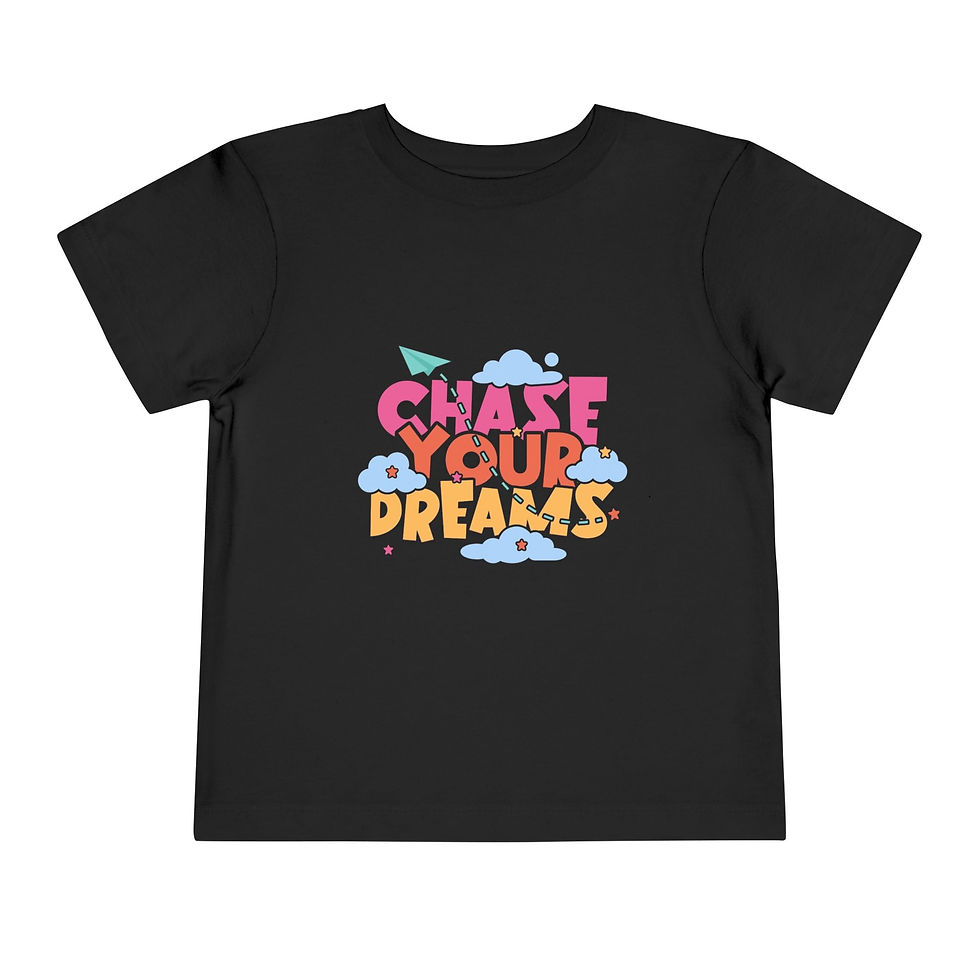 Thumbnail: Toddler tee with “Chase Your Dreams” graphic, clouds and airplane, made from soft breathable cotton.