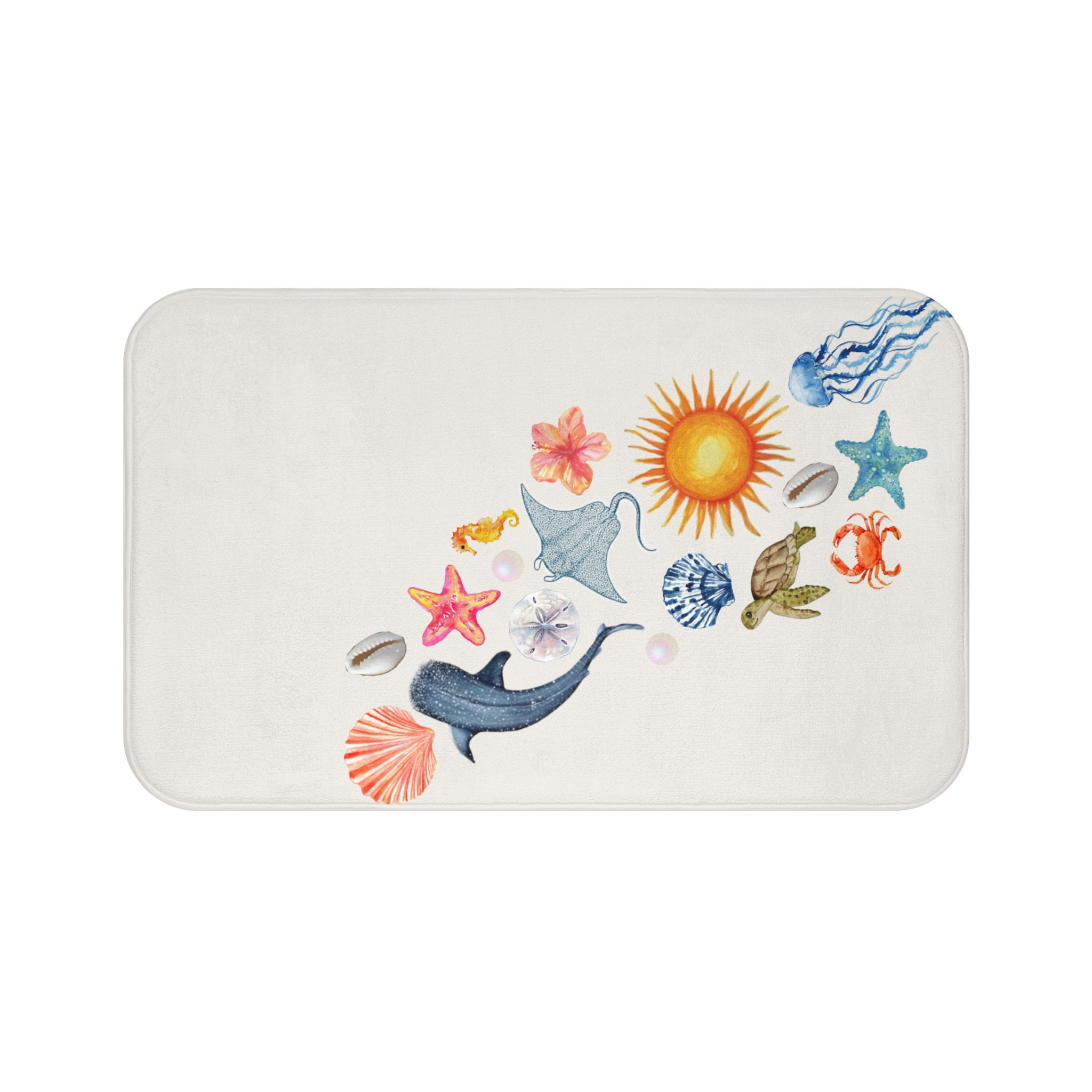 Memory-foam bath mat with watercolor seashell, starfish, dolphin, and sun coastal design and anti-slip backing.