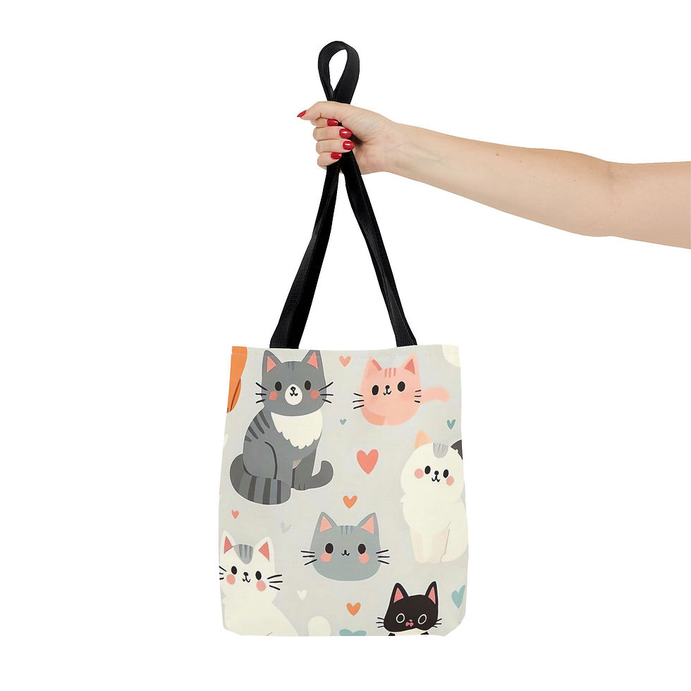 Thumbnail: Soft, roomy tote bag featuring cheerful illustrated cats in muted pastel tones with scattered hearts for a cozy, playful feel