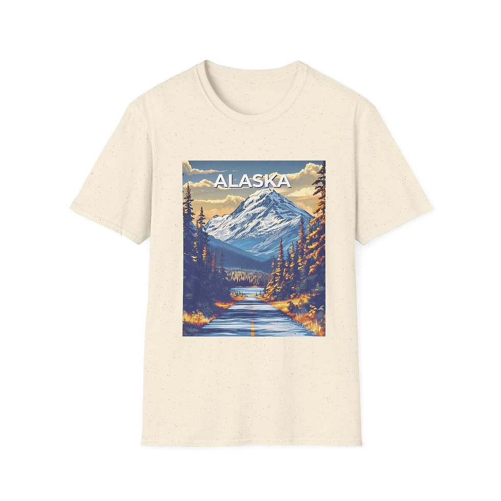 Thumbnail: Lightweight tee with vintage-style Alaska landscape in warm sunset tones.