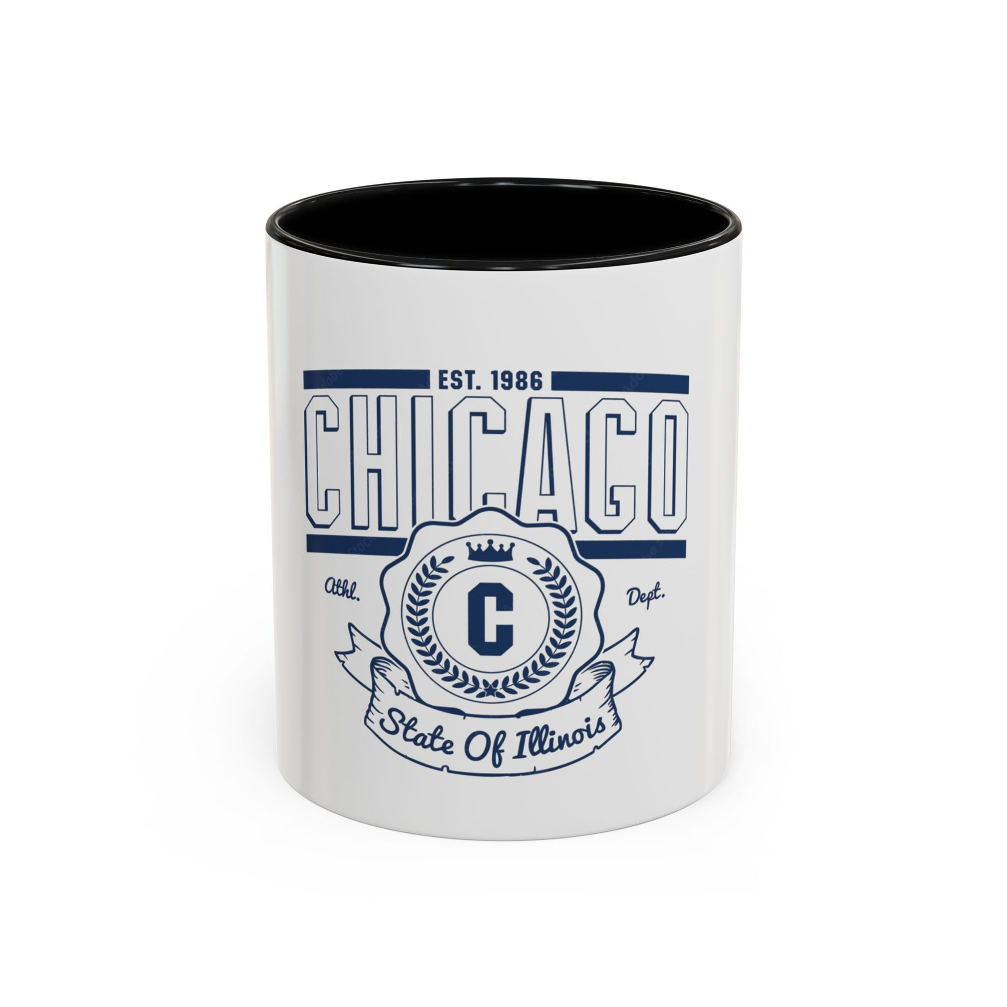 Ceramic mug with vintage Chicago crest, white exterior, and black interior and handle.