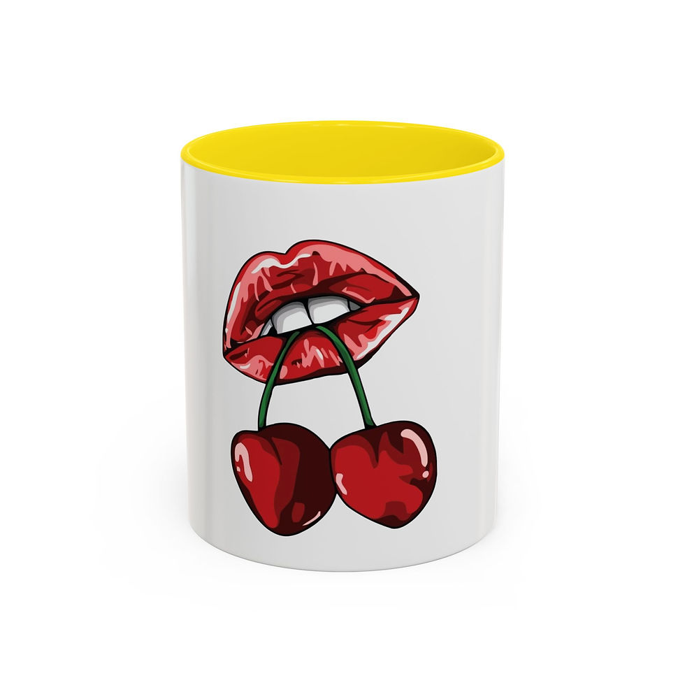 Thumbnail: Glossy white mug with colored interior and red lips holding two cherries print.