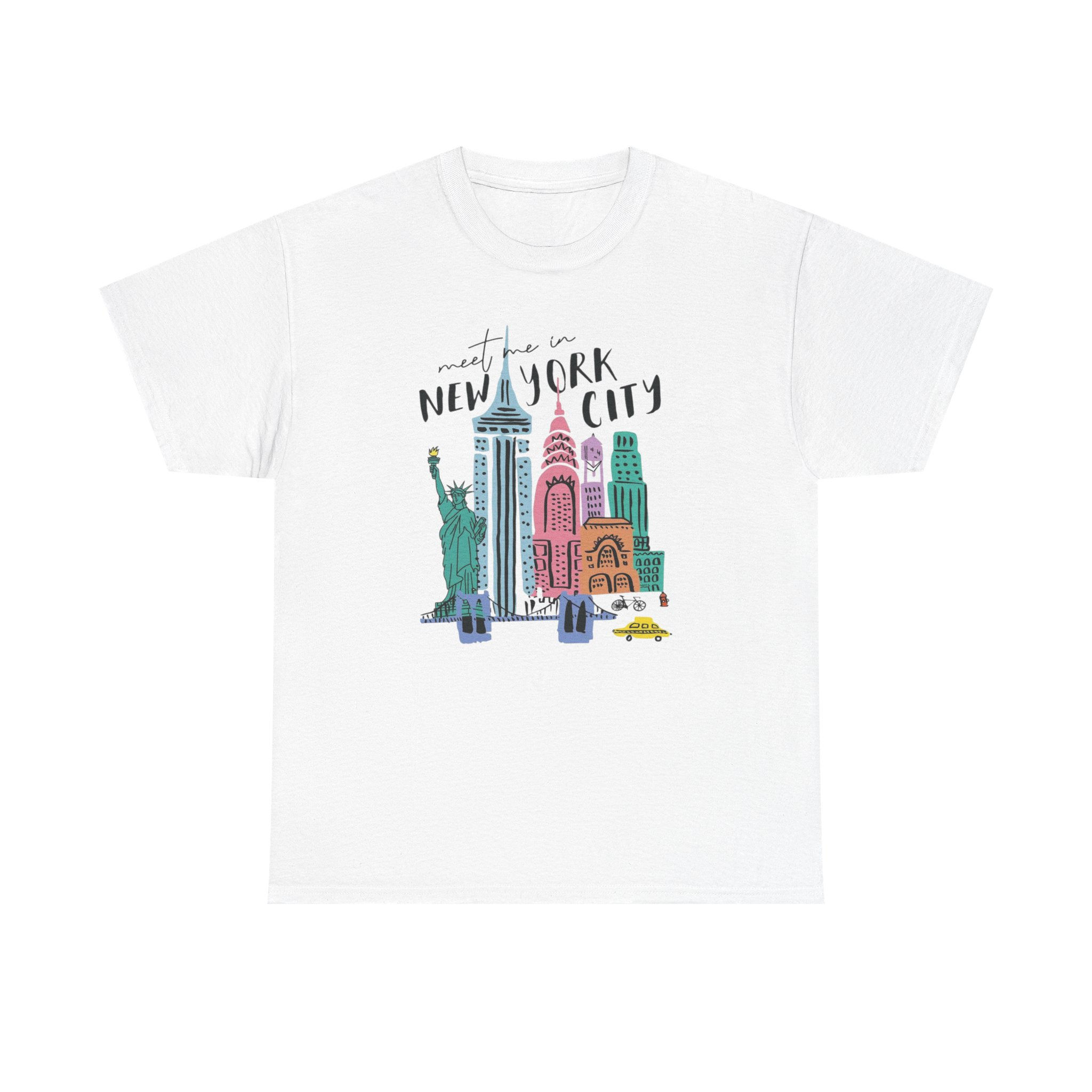 Soft tee with hand-drawn New York City skyline in warm vintage-inspired colors.