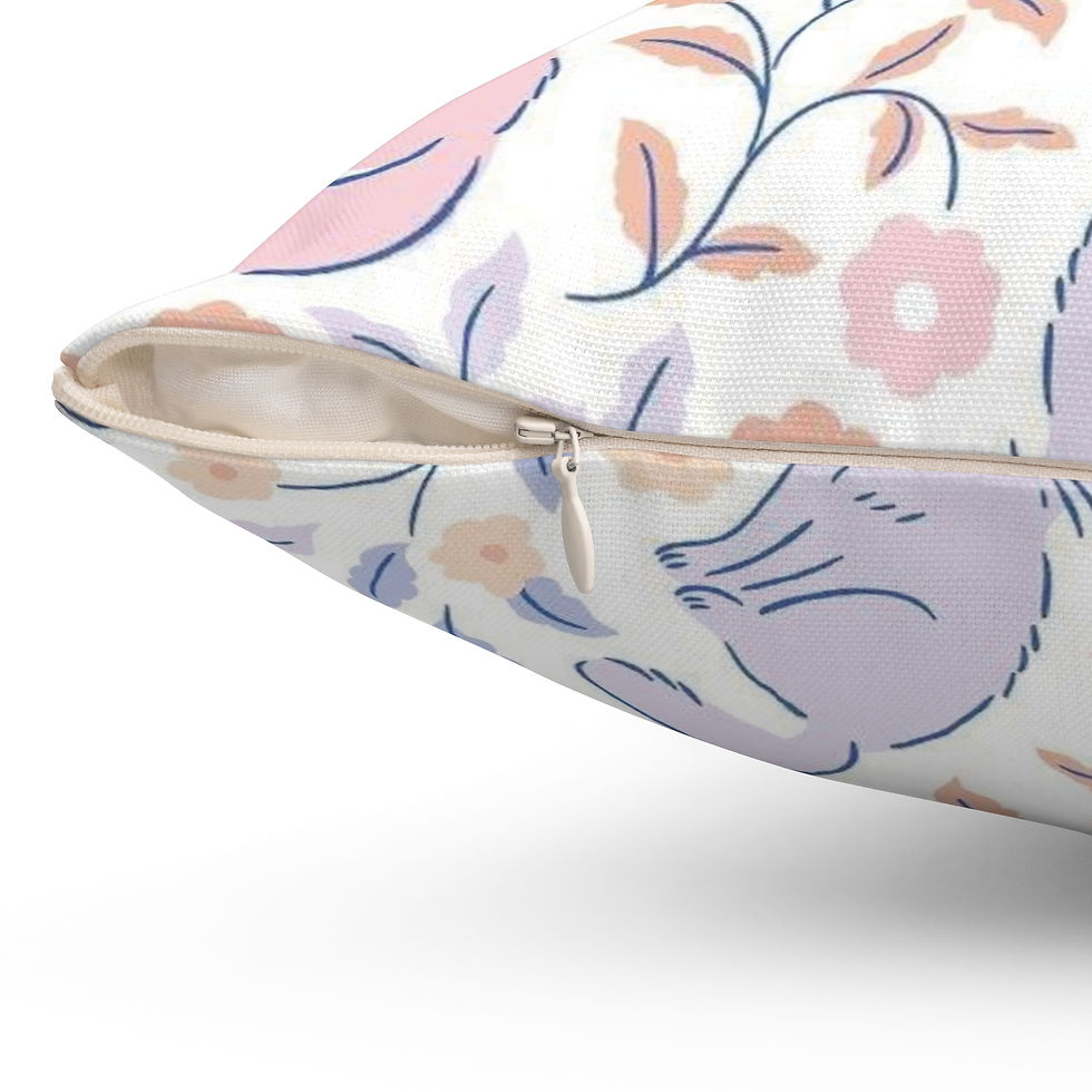 Thumbnail: Square pillow with floral vines and curled-up cats in muted pastel tones.