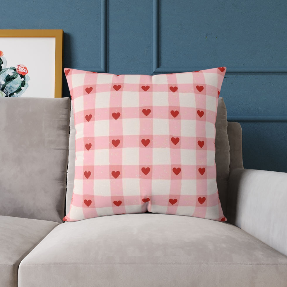 Thumbnail: Soft, square throw pillow with a warm gingham check in blush and rose, dotted with tiny hand-drawn hearts