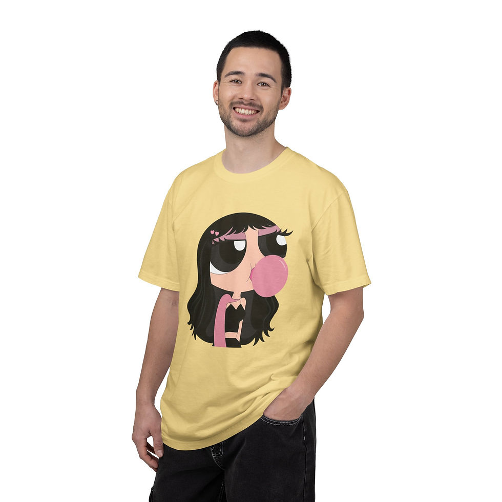 Thumbnail: Garment-dyed cotton tee with cartoon girl blowing pink bubblegum illustration.