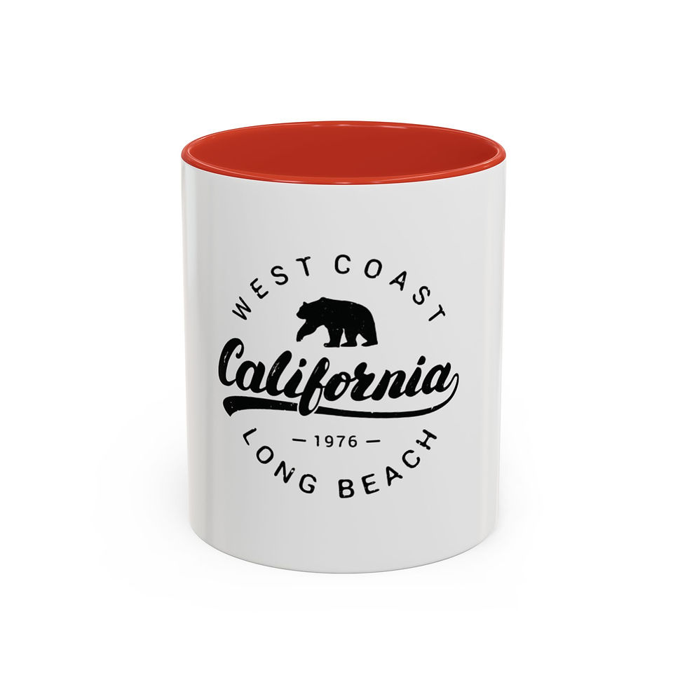 Thumbnail: White porcelain mug with black interior and handle, featuring a vintage California bear “Long Beach” badge.