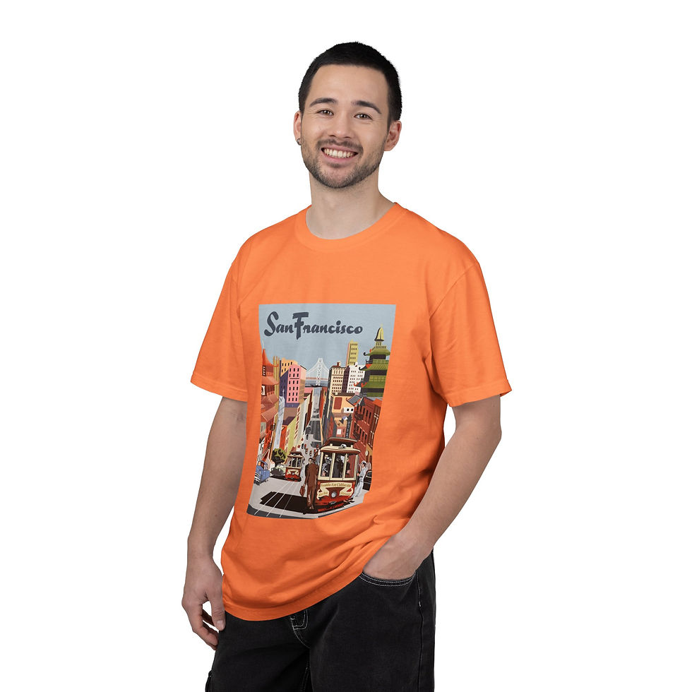Thumbnail: Heavyweight garment-dyed tee with vintage San Francisco cable car street scene.