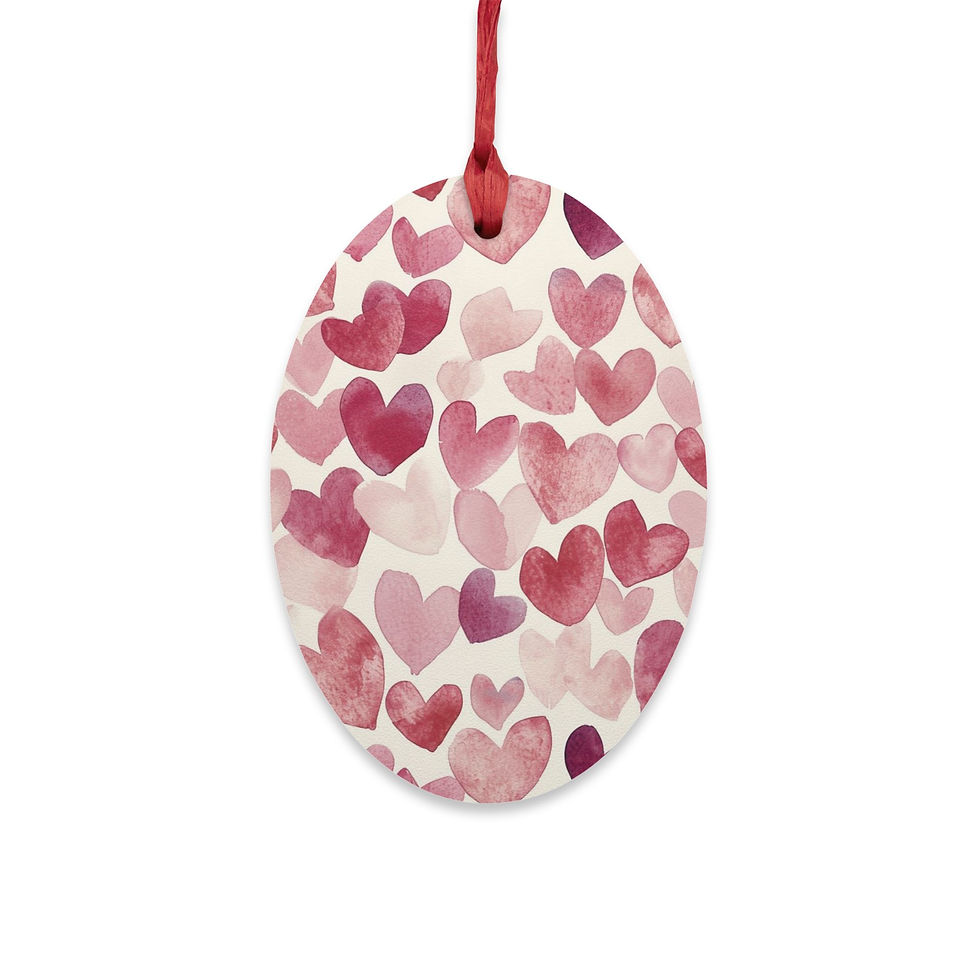 Thumbnail: Different shaped wooden ornament with blush and rose heart design, laser-cut from solid wood.