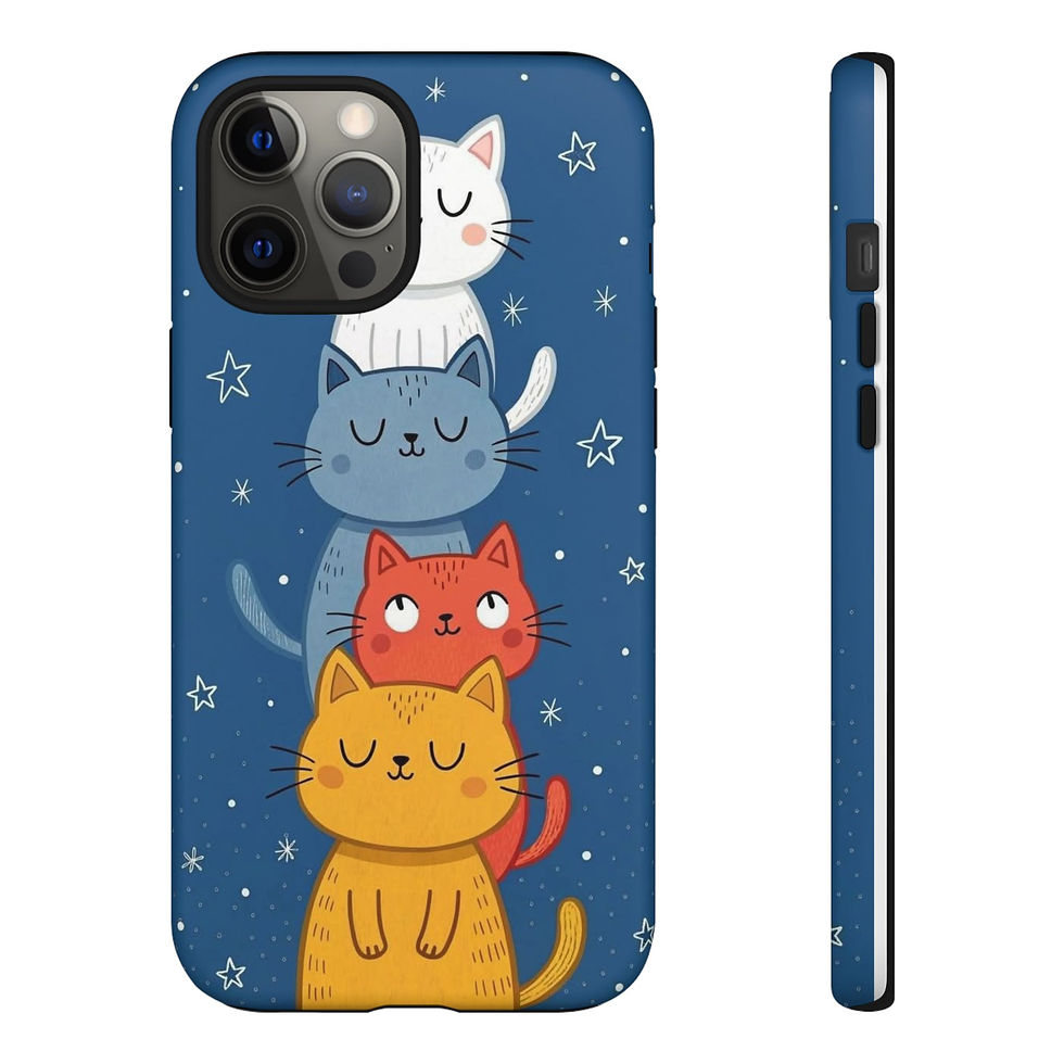 Thumbnail: Dual-layer phone case with four pastel cats on starry navy, shock-absorbing.